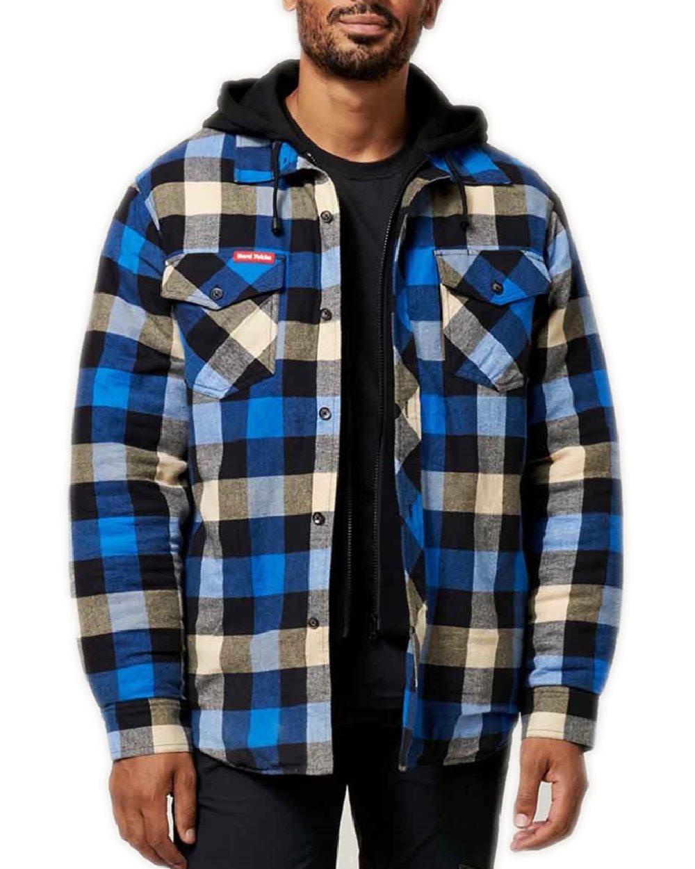 Blue Coloured Hard Yakka Mens Quilted Flannel Shacket on White Background