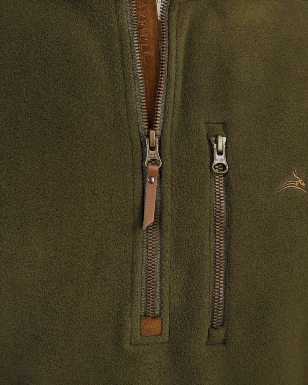 Olive coloured Harehill Varden Quarter Zip Fleece close up of zip detail