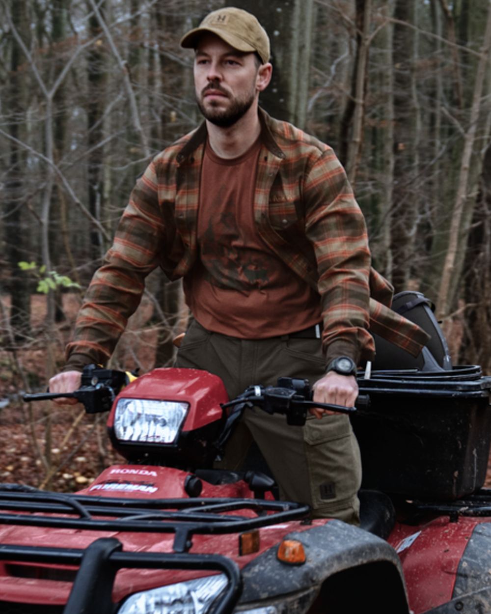 Autumn Orange Check coloured Harkila Aivak Long Sleeved Shirt on forest background
