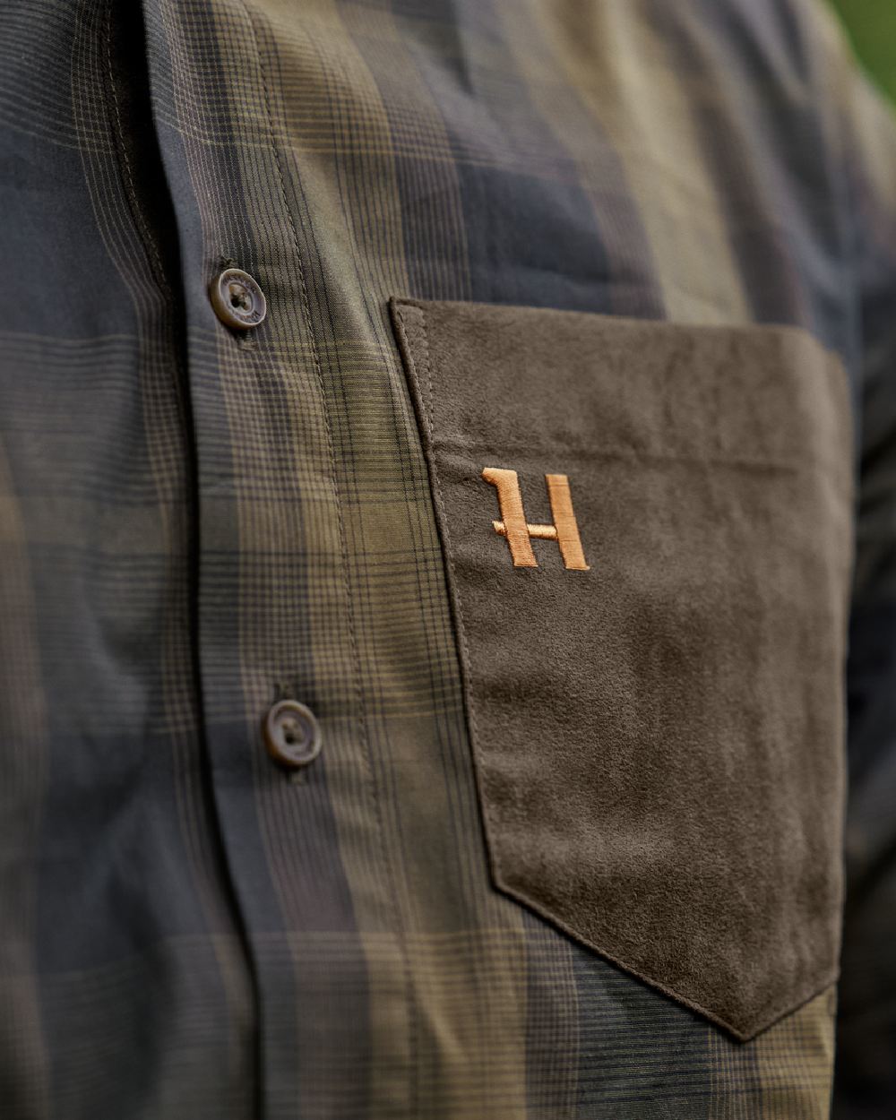 Willow Green Shadow Brown Coloured Harkila Akkan Shirt on outdoor background