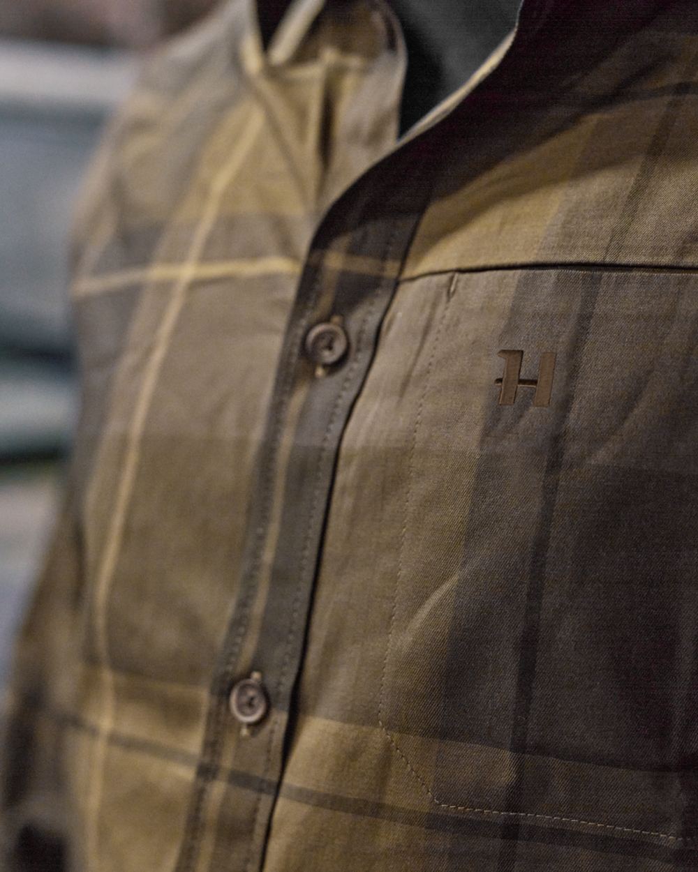 Willow Green Check Coloured Harkila Akse Long Sleeve Shirt on outdoor background