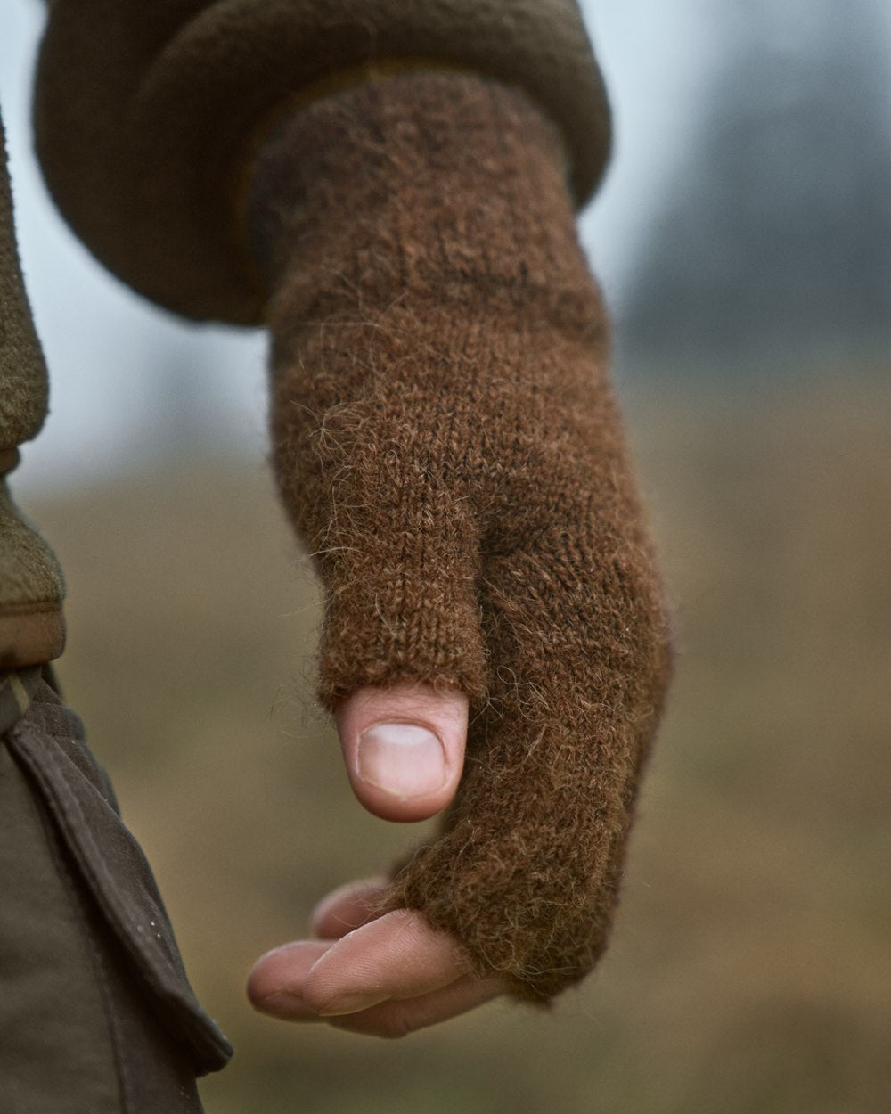 Pinecone Brown Coloured Harkila Alpacka Half Finger Gloves on outdoor background