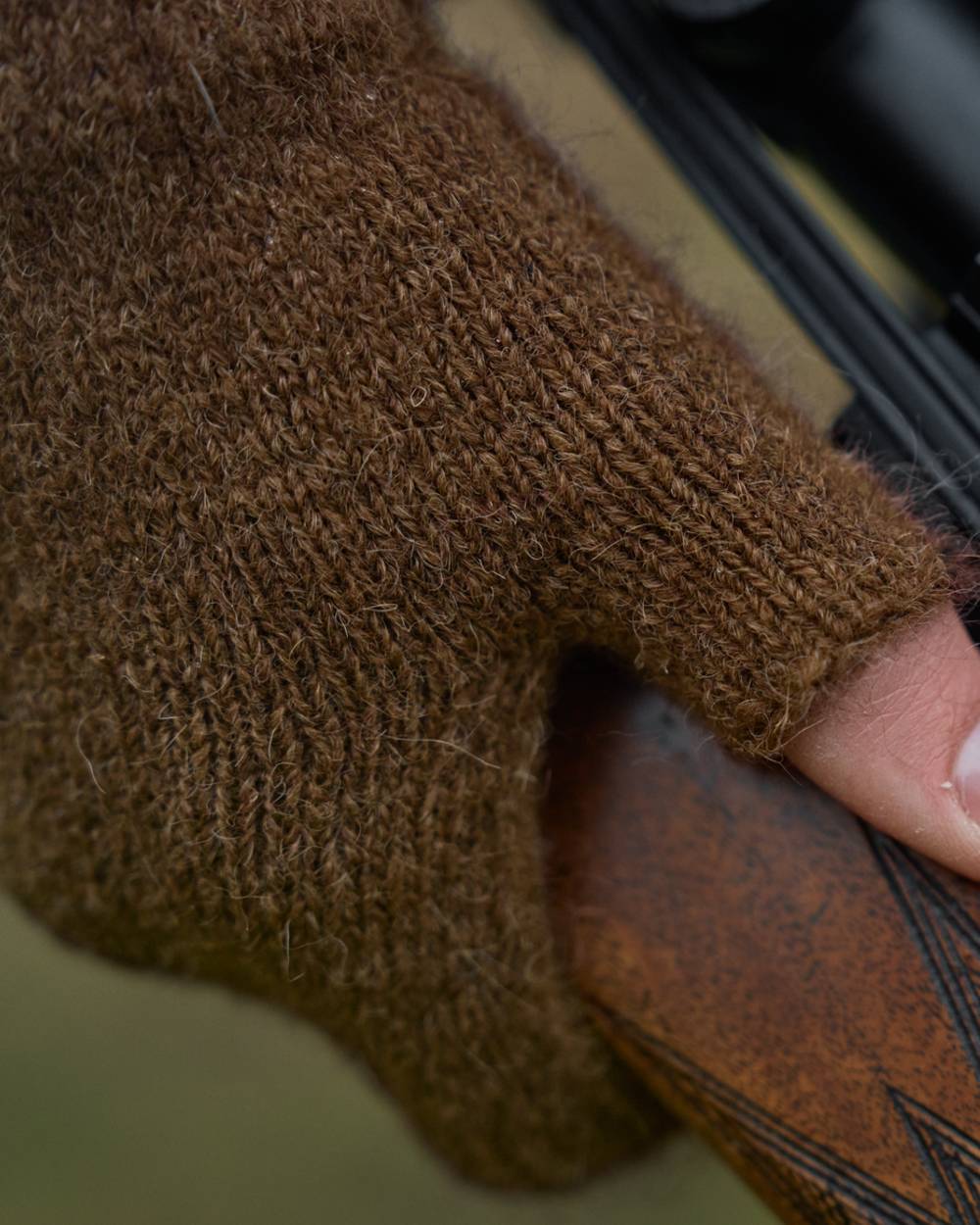 Pinecone Brown Coloured Harkila Alpacka Half Finger Gloves on outdoor background