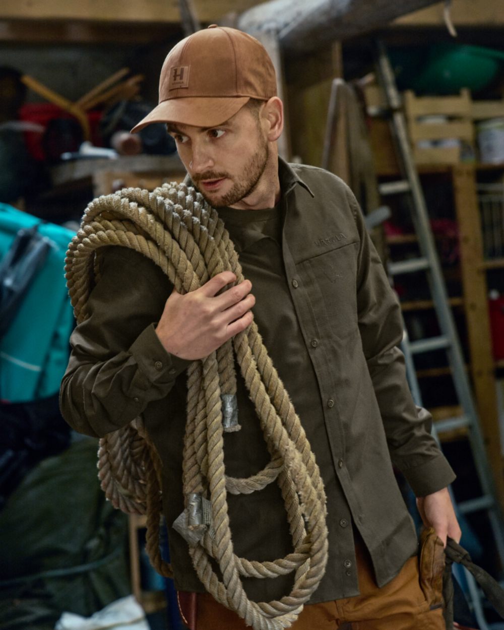 Willow Green Coloured Harkila Alto Long Sleeve Shirt on outdoor background