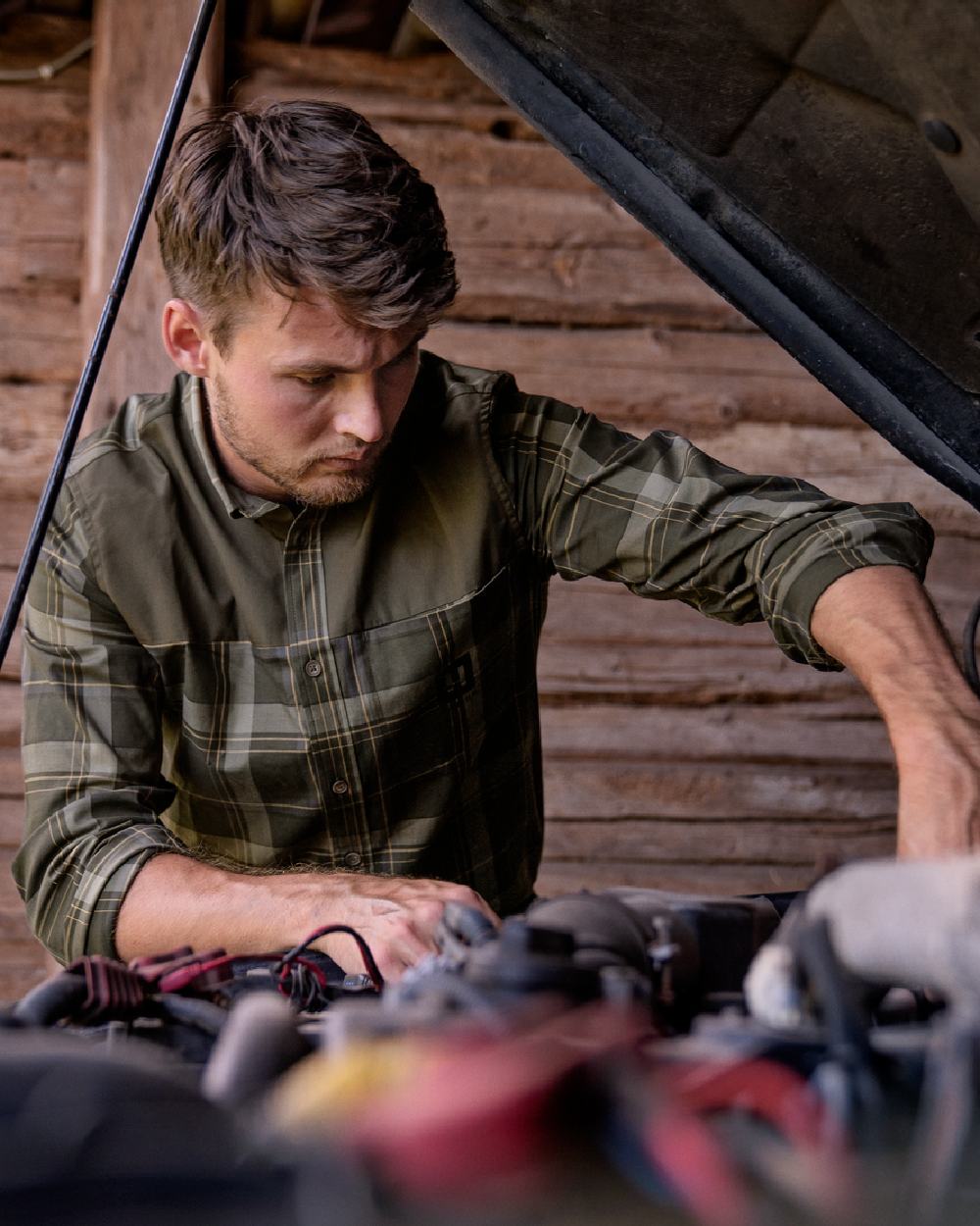 Willow Green Coloured Harkila Anker Long Sleeve Shirt on outdoor background