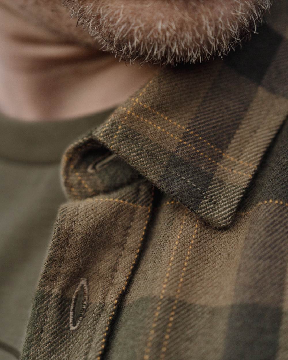 Beech Green Check coloured Harkila Asmund Long Sleeve Shirt collar close up