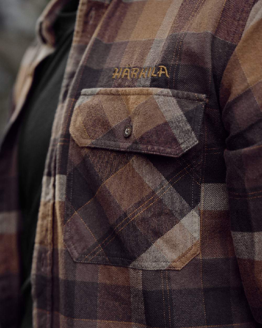 Rust Brown Check coloured Harkila Asmund Long Sleeve Shirt pocket close up