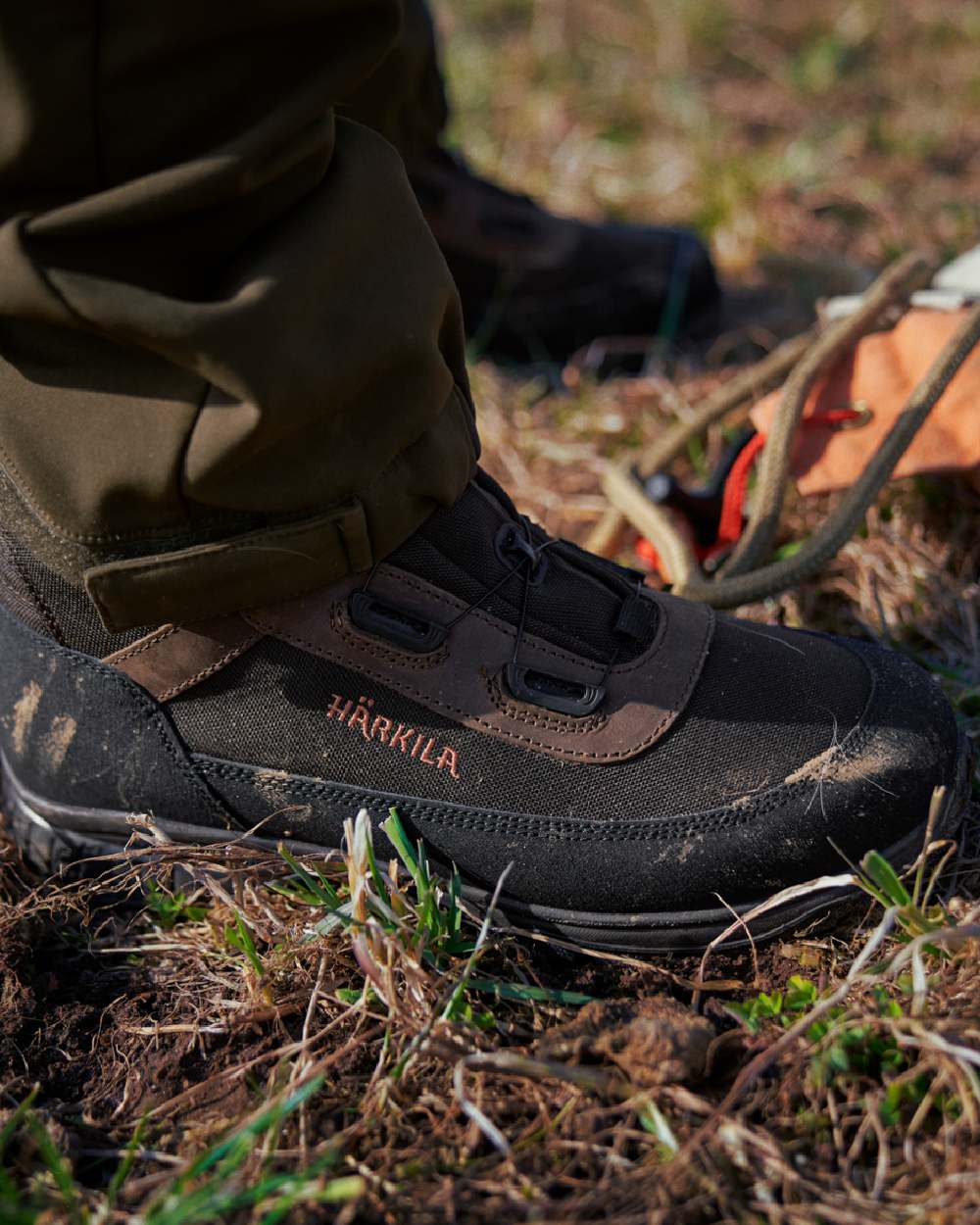 Dark Brown Coloured Harkila Atammik GTX Waterproof Boots on outdoor background