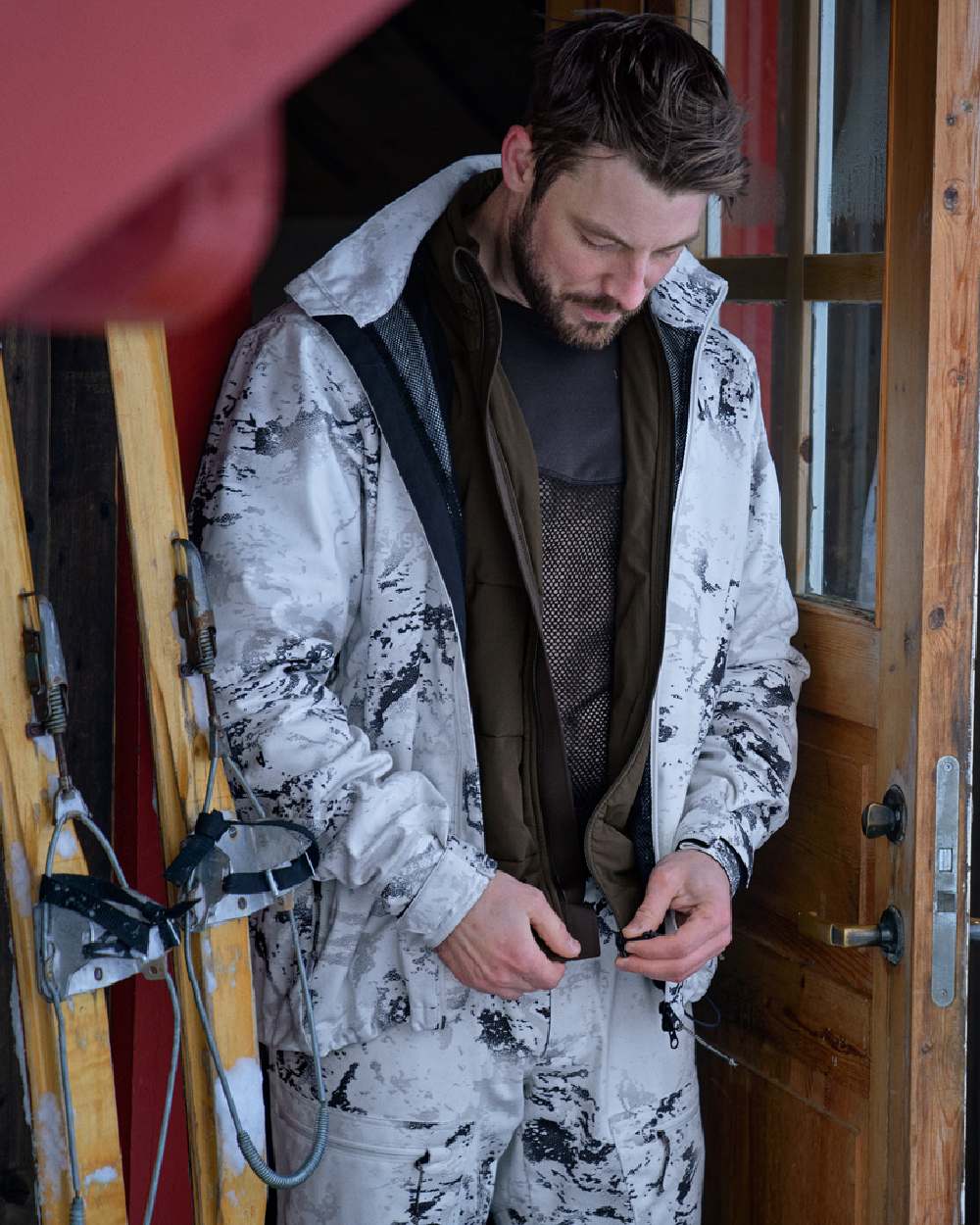 Shadow Brown Coloured Harkila Base Mesh Crew Neck on house background