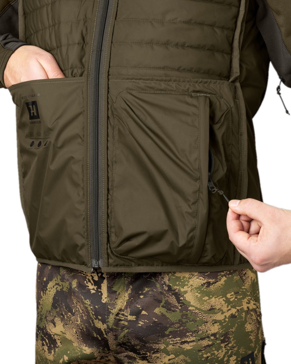 Willow Green AXIS Forest Coloured Harkila Deer Stalker Camo Reversible Packable Waistcoat on white background