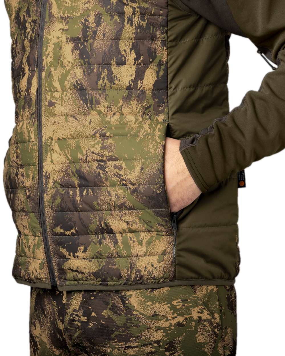 Willow Green AXIS Forest Coloured Harkila Deer Stalker Camo Reversible Packable Waistcoat on white background