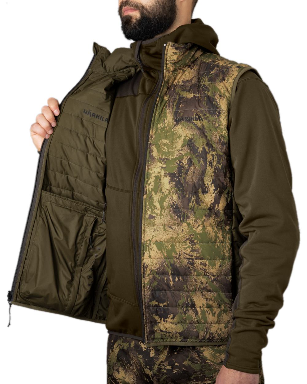 Willow Green AXIS Forest Coloured Harkila Deer Stalker Camo Reversible Packable Waistcoat on white background