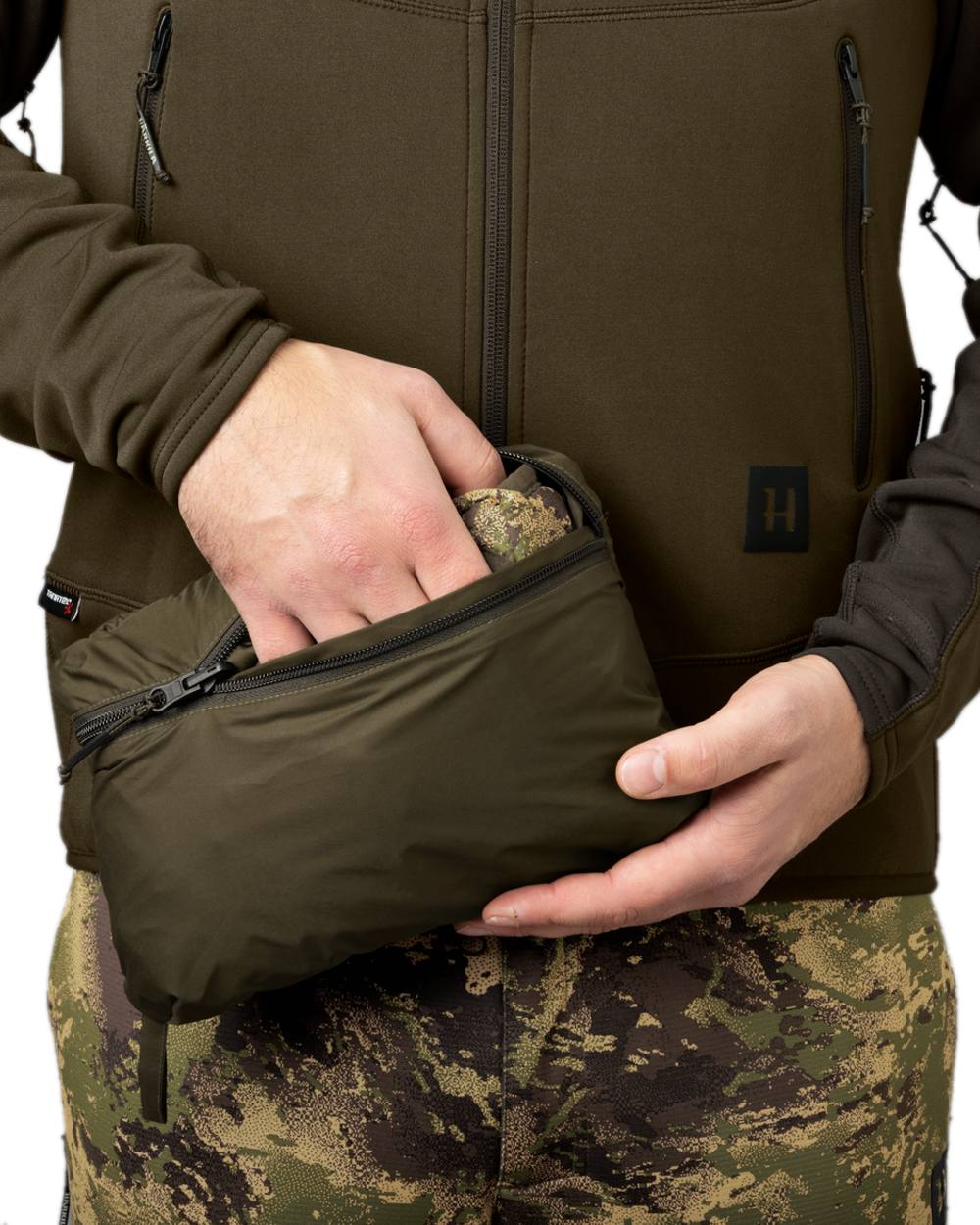 Willow Green AXIS Forest Coloured Harkila Deer Stalker Camo Reversible Packable Waistcoat on white background