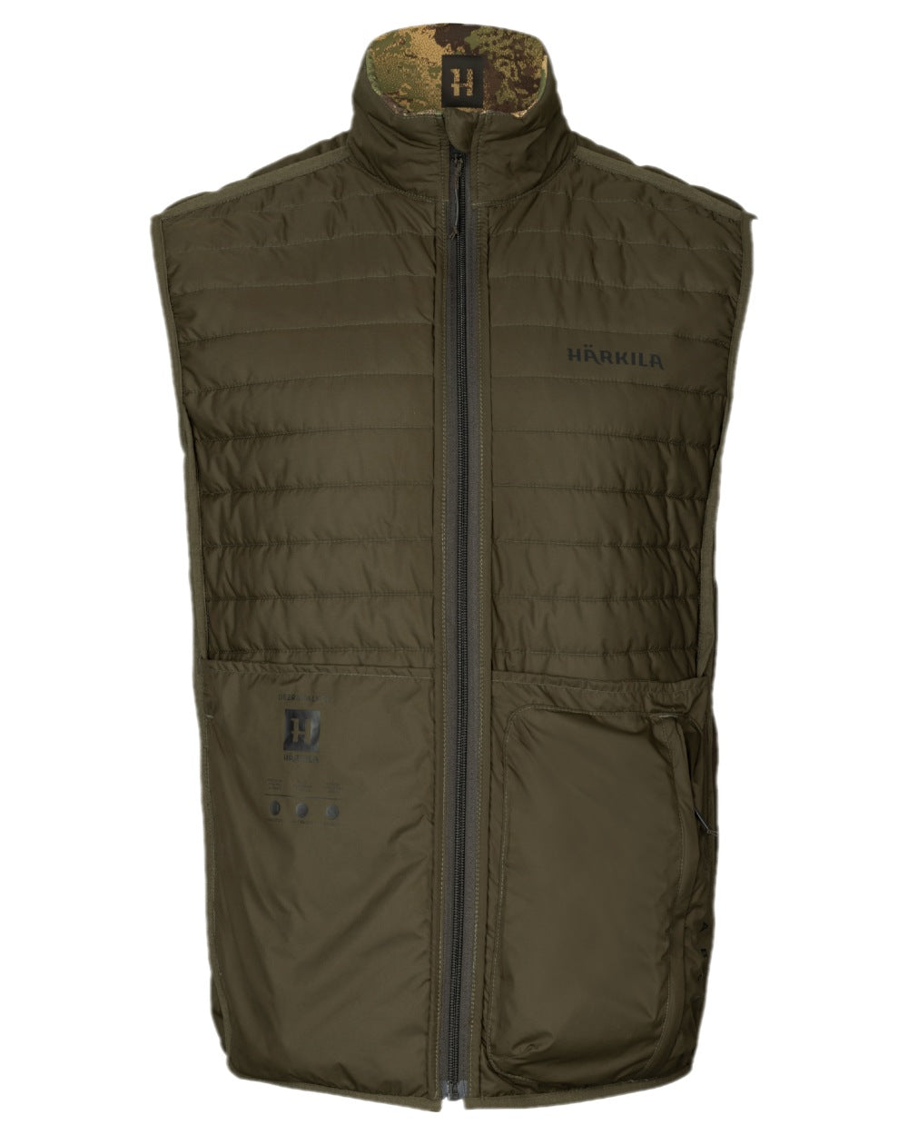 Willow Green AXIS Forest Coloured Harkila Deer Stalker Camo Reversible Packable Waistcoat on white background
