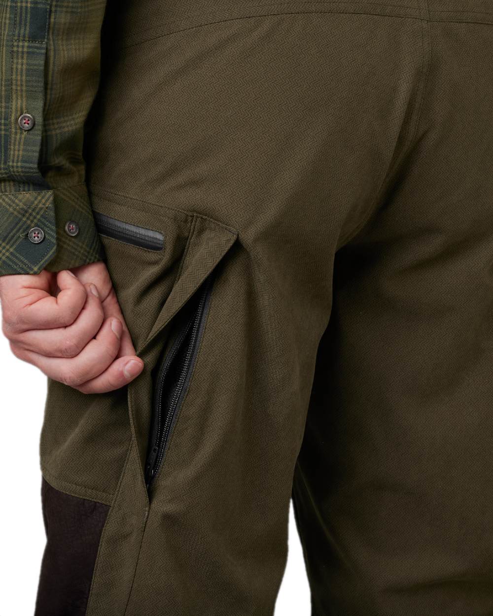 Willow Green Shadow Brown Coloured Harkila Driven Hunt HWS Leather Trousers on white background