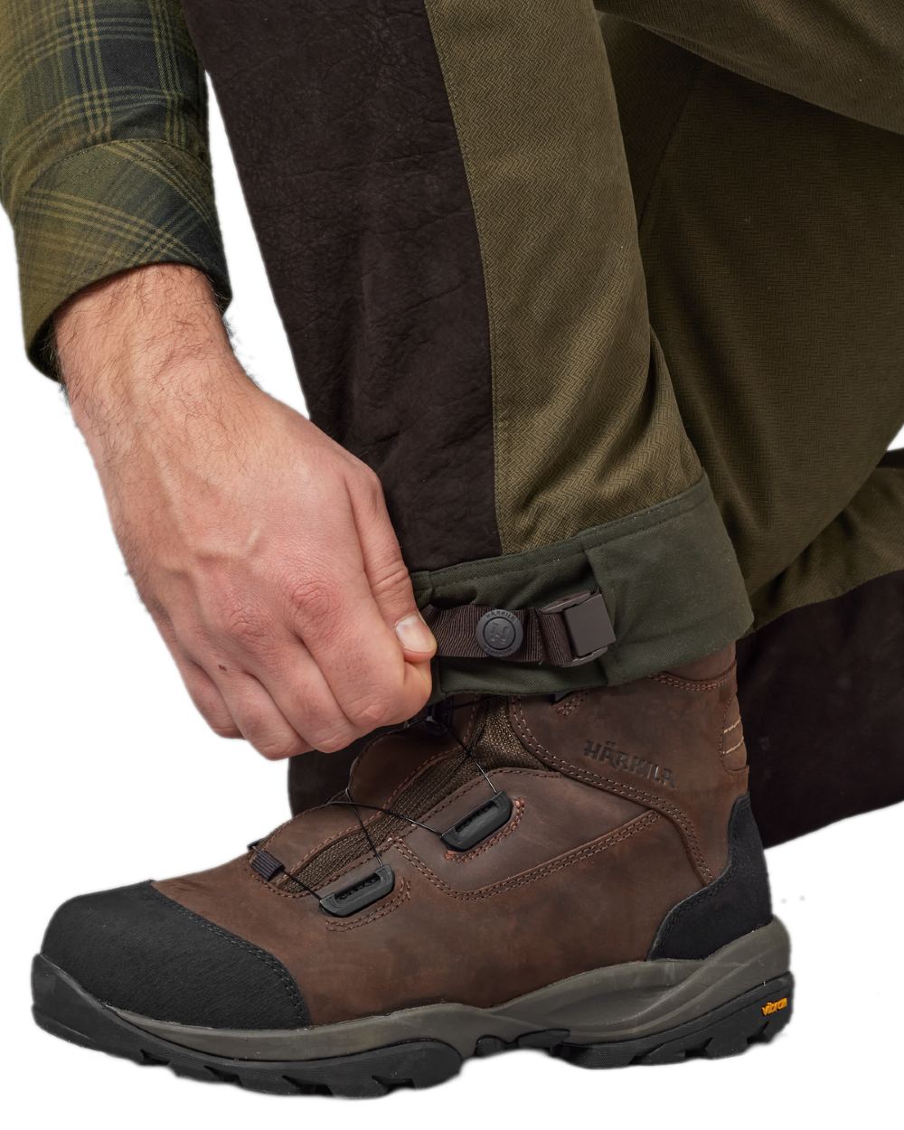 Willow Green Shadow Brown Coloured Harkila Driven Hunt HWS Leather Trousers on white background