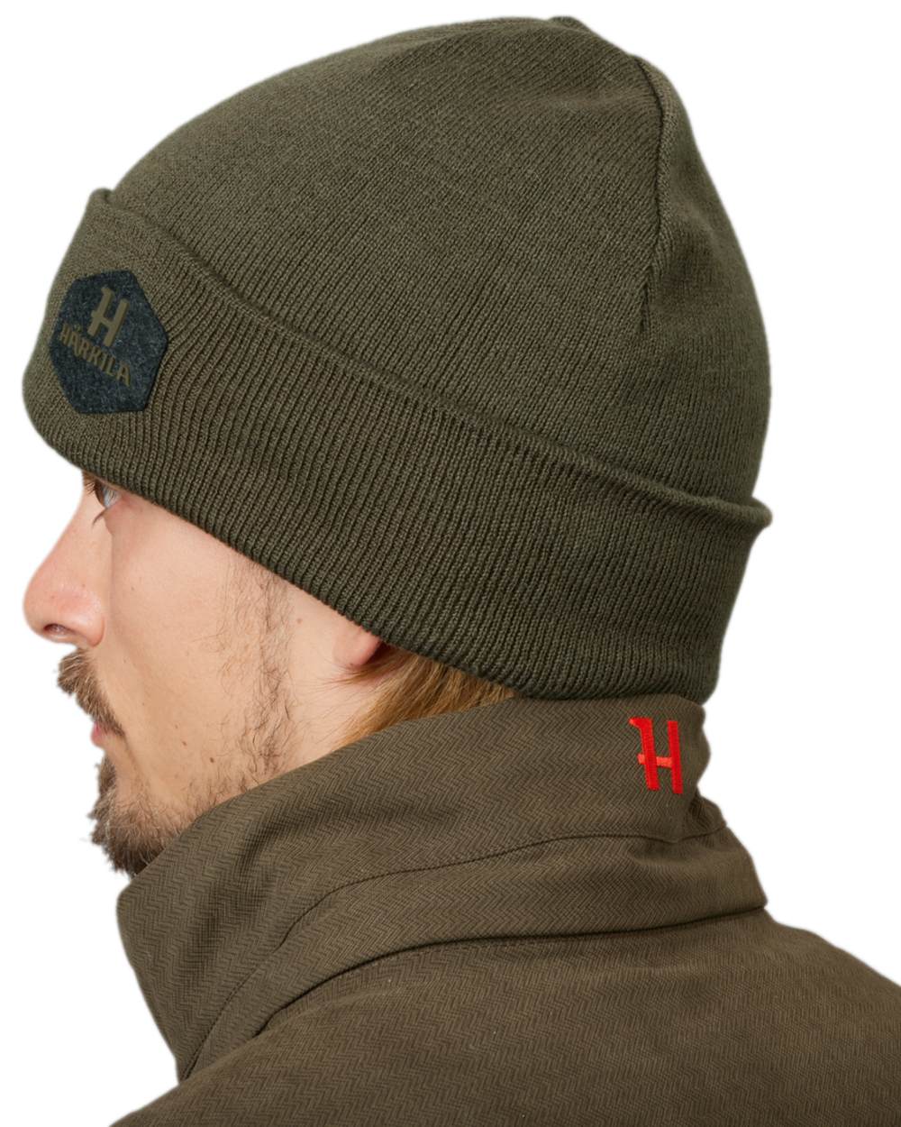 Willow Green Coloured Harkila Driven Hunt Reversible Beanie on white background