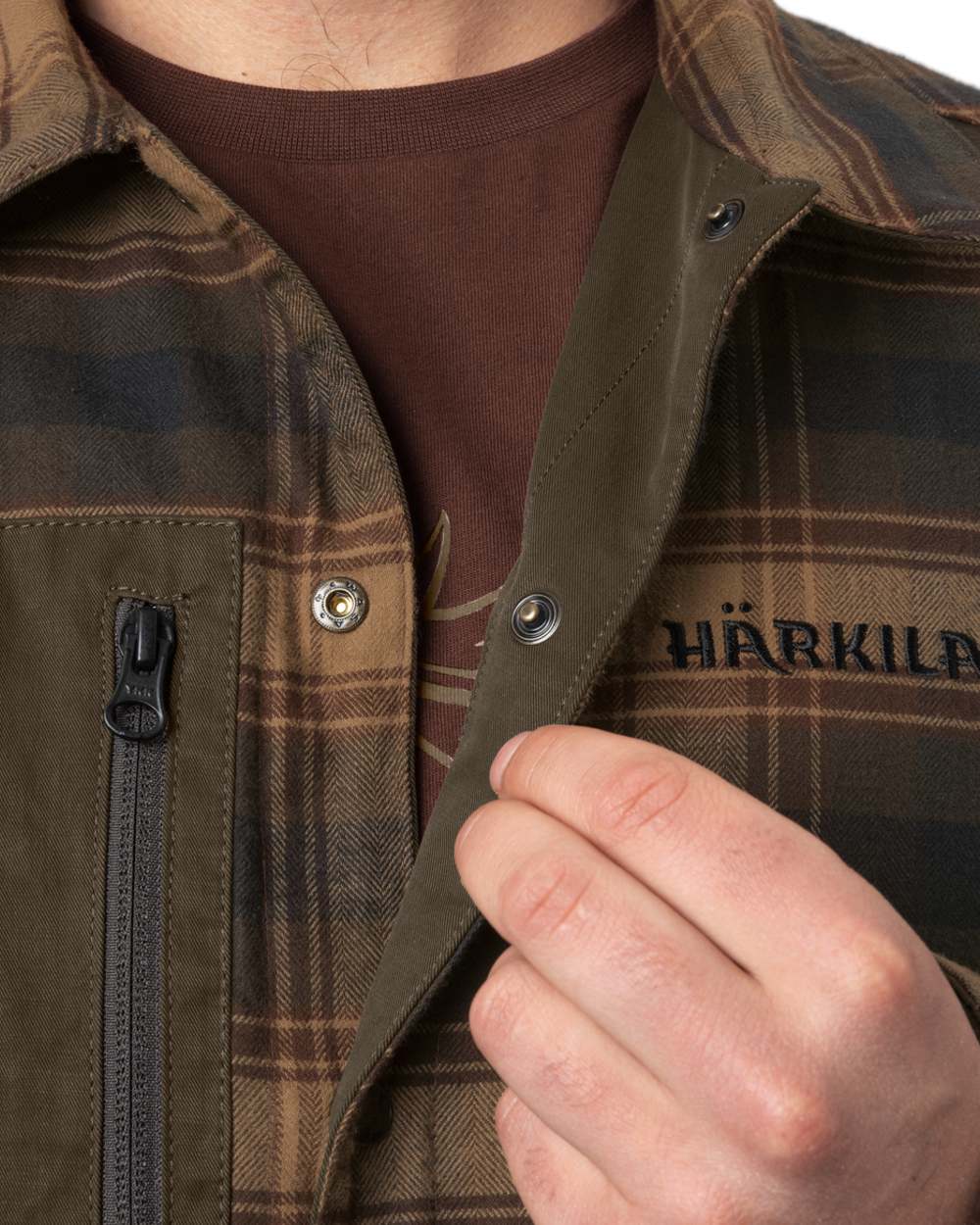 Dark Warm Olive Burgundy Coloured Harkila Eirik Reversible Shirt Jacket on white background