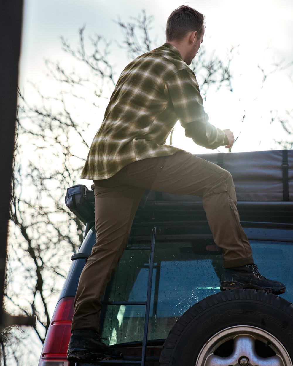 Willow Green Coloured Harkila Folke Shirt Jacket on countryside background