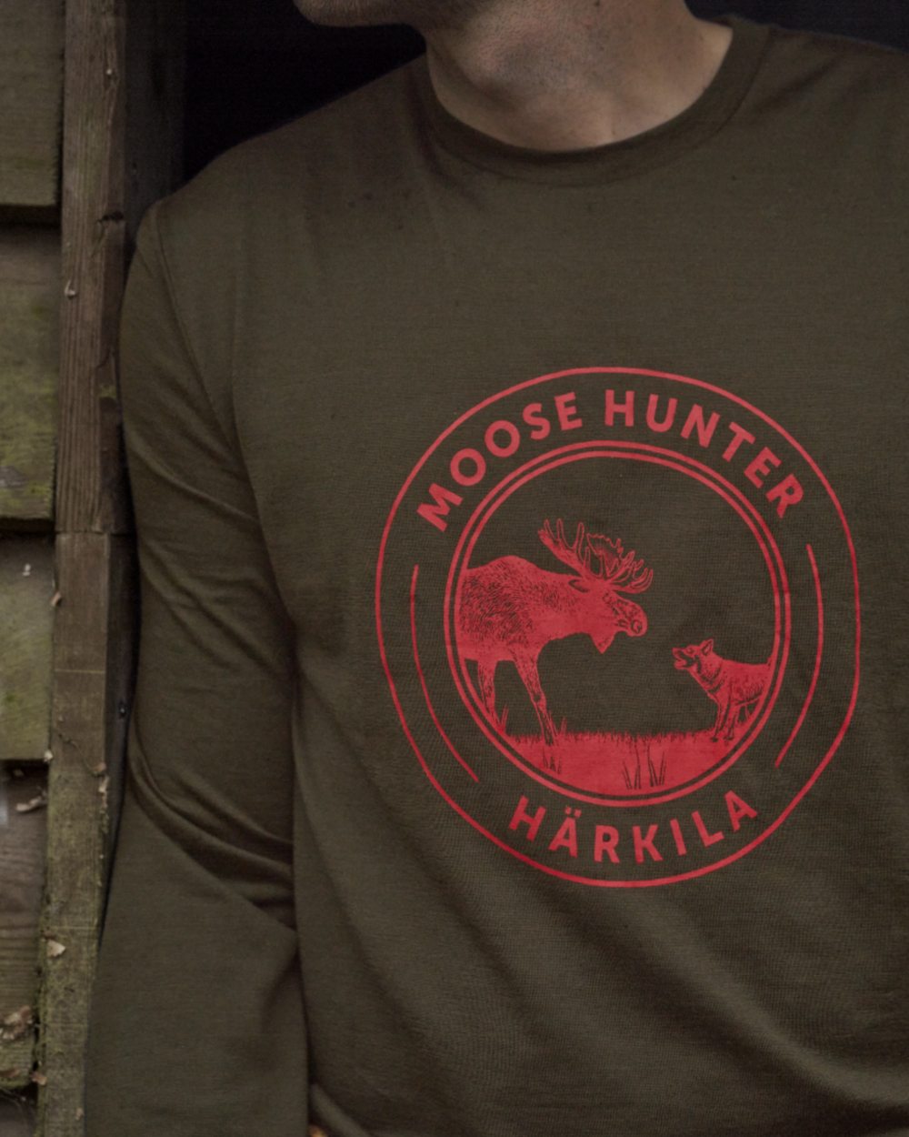 Willow Green Moose Coloured Harkila Game Long Sleeve T-Shirt on outdoor background