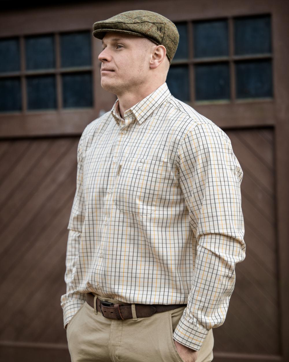 Arrowwood Yellow Check coloured Harkila Haywood Wool Blend Long Sleeve Shirt on outdoor background