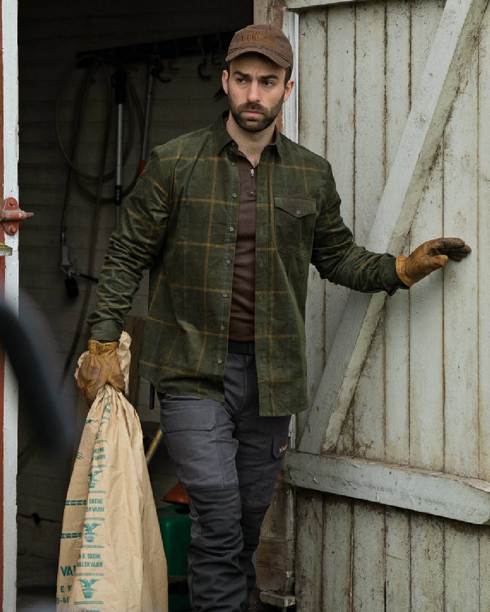 Willow Green Check Coloured Harkila Kaldfjord Corduroy Check Shirt on outdoor background