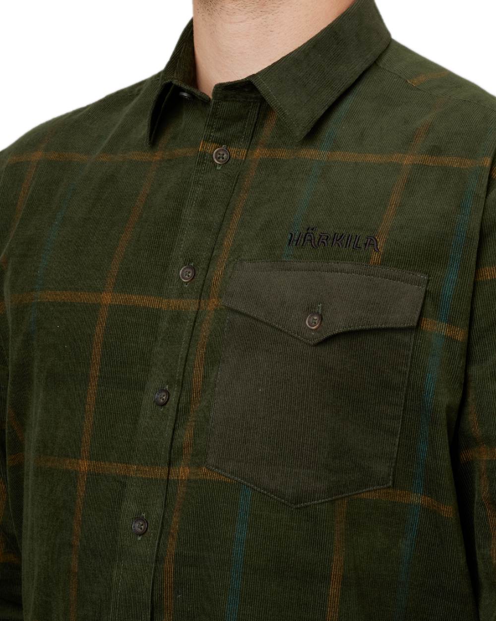 Willow Green Check Coloured Harkila Kaldfjord Corduroy Check Shirt on outdoor background