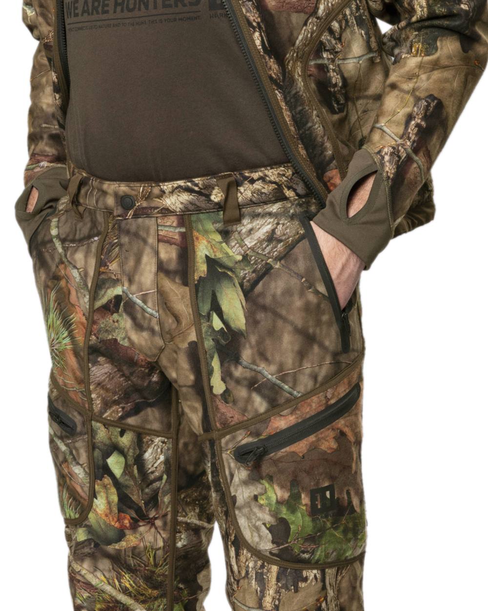 Hunting Green MossyOak Coloured Harkila Kamko Camo Reversible WSP Trousers on white background