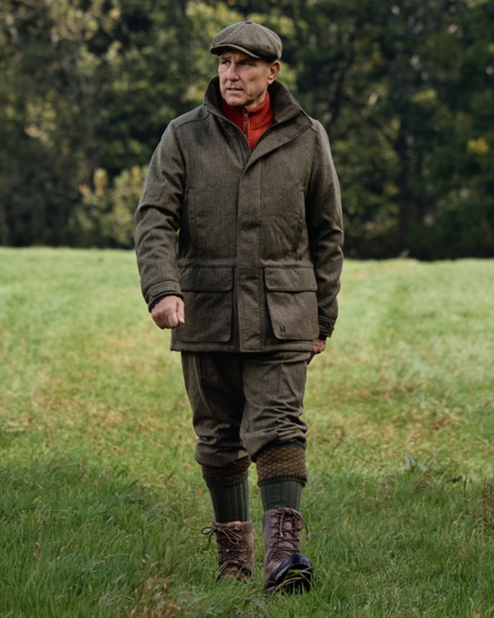 Forest Green Herringbone coloured Harkila Kenmore GTX Breeks on forest background