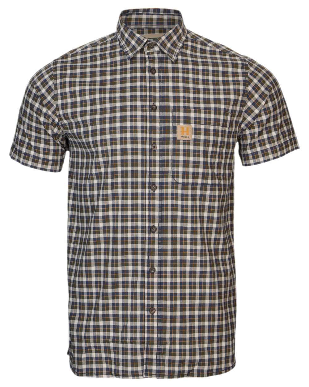 Naval Blue Check Coloured Harkila Mens Fjell Short Sleeve Shirt on white background