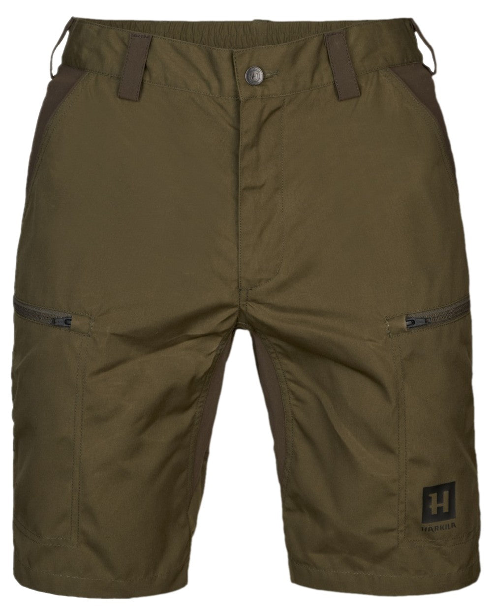 Dark Olive Willow Green Coloured Harkila Mens Fjell Shorts on white background