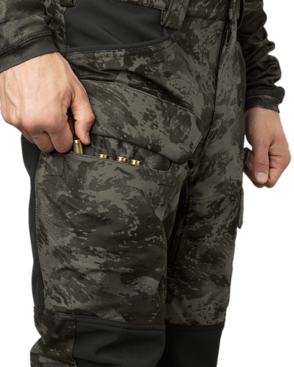 AXIS Black Black Coloured Harkila NOCTYX Camo Silent Trousers on white background