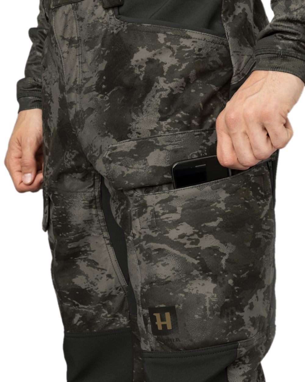 AXIS Black Black Coloured Harkila NOCTYX Camo Silent Trousers on white background
