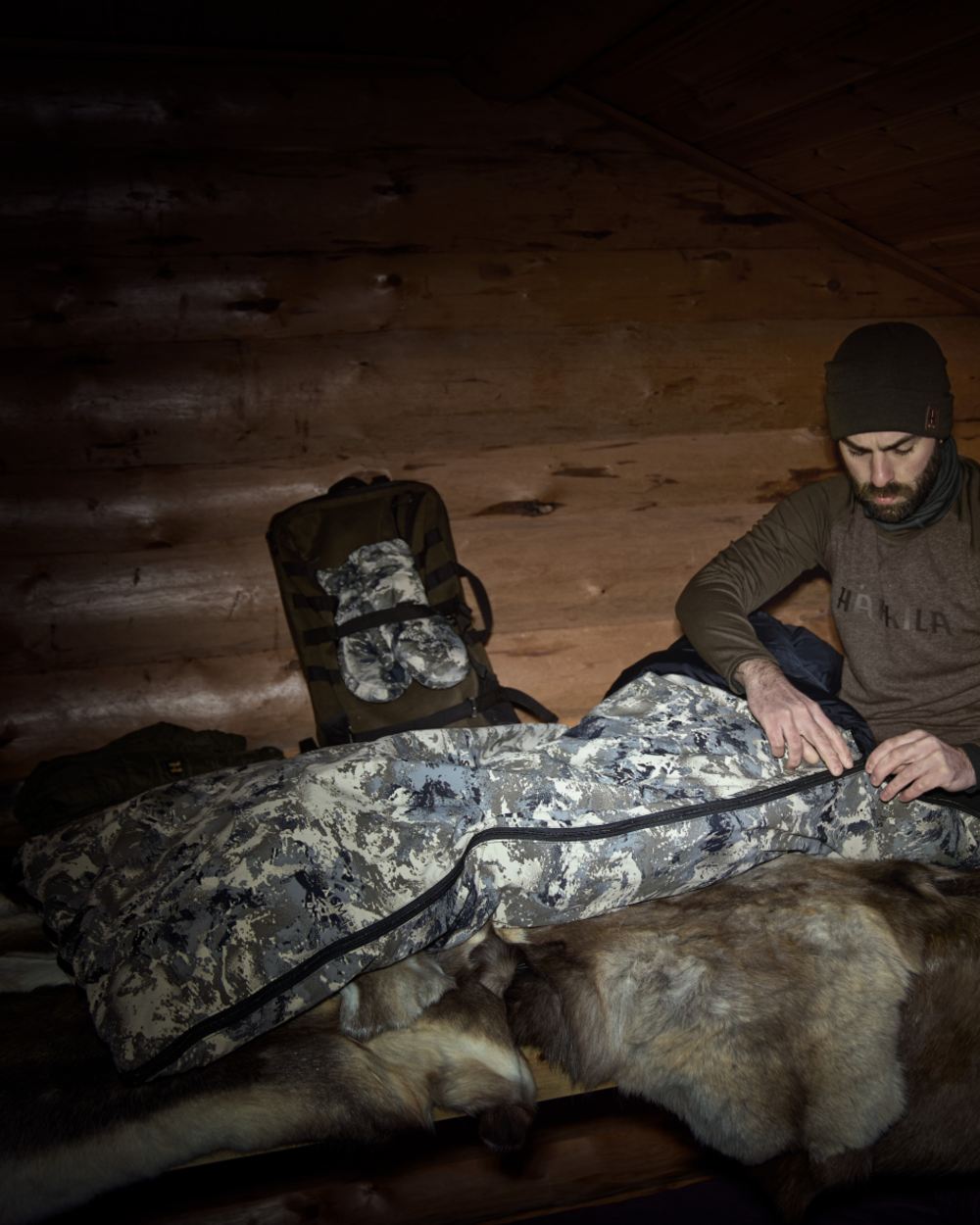 Axis MSP Mountain Coloured Harkila One Camo HSP Sleeping Bag on indoor background