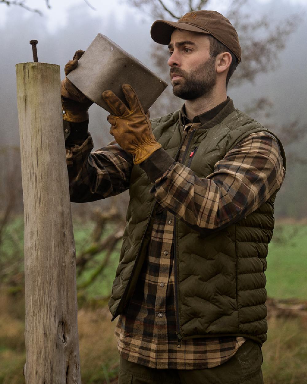 Beige Brown Coloured Harkila Pajala Check Shirt on outdoor background