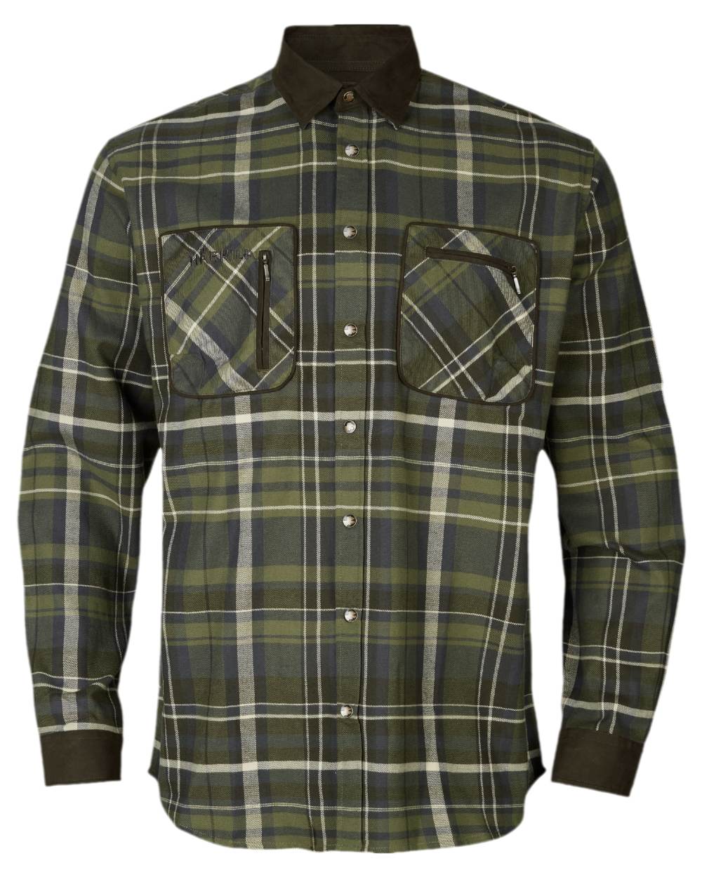 Olive Check Coloured Harkila Pajala Check Shirt on white background