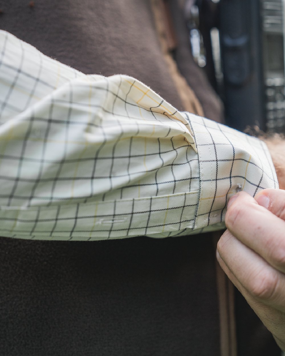 Grape Leaf Coloured Harkila Portfield Long Sleeve Shirt on blurry background