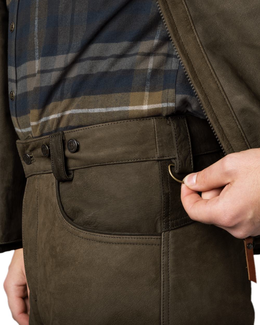 Willow Green Coloured Harkila Pro Hunter Leather Trousers on white background