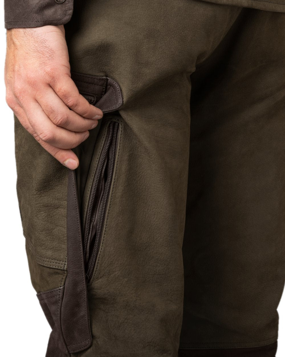 Willow Green Coloured Harkila Pro Hunter Leather Trousers on white background