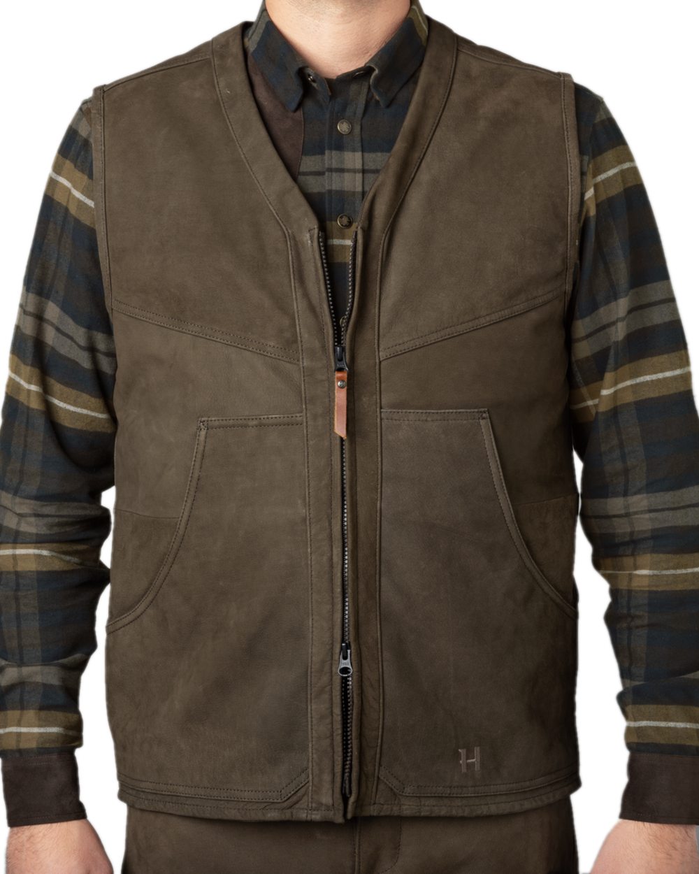 Willow Green Coloured Harkila Pro Hunter Leather Waistcoat on white background
