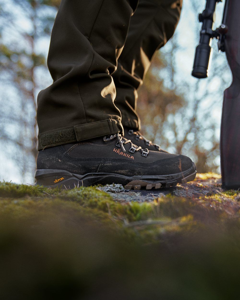 Shadow Brown Coloured Harkila Pro Hunter Light Mid GTX Boots on outdoor background