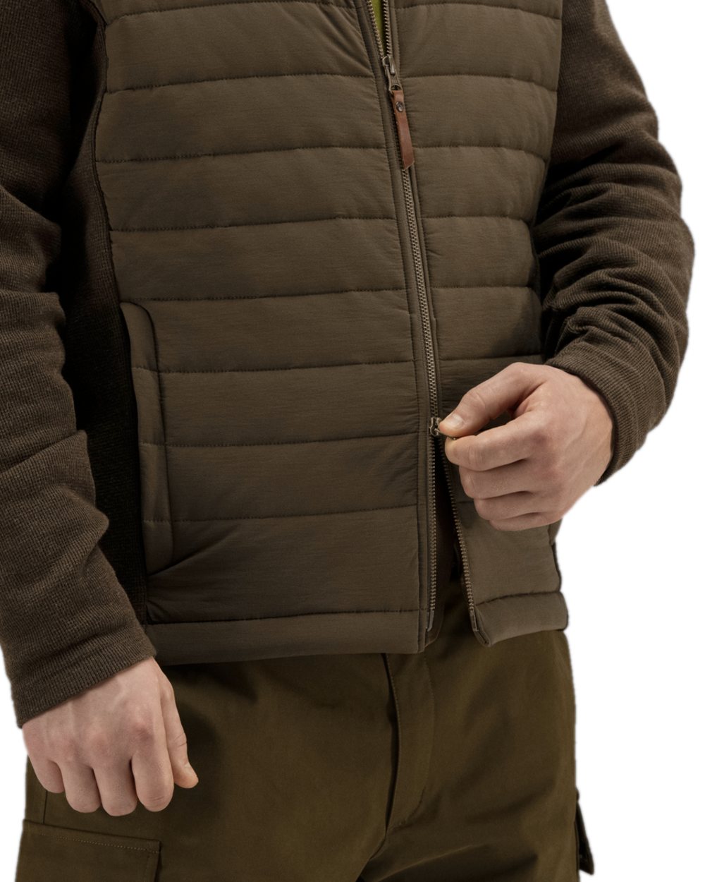 Dark Warm Olive Coloured Harkila Retrieve Insulated Cardigan on white background