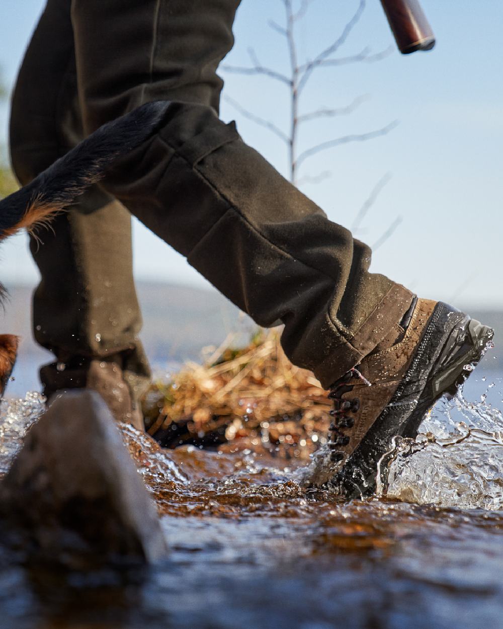 Mid Brown Coloured Harkila Saxnas GTX Boots on water background