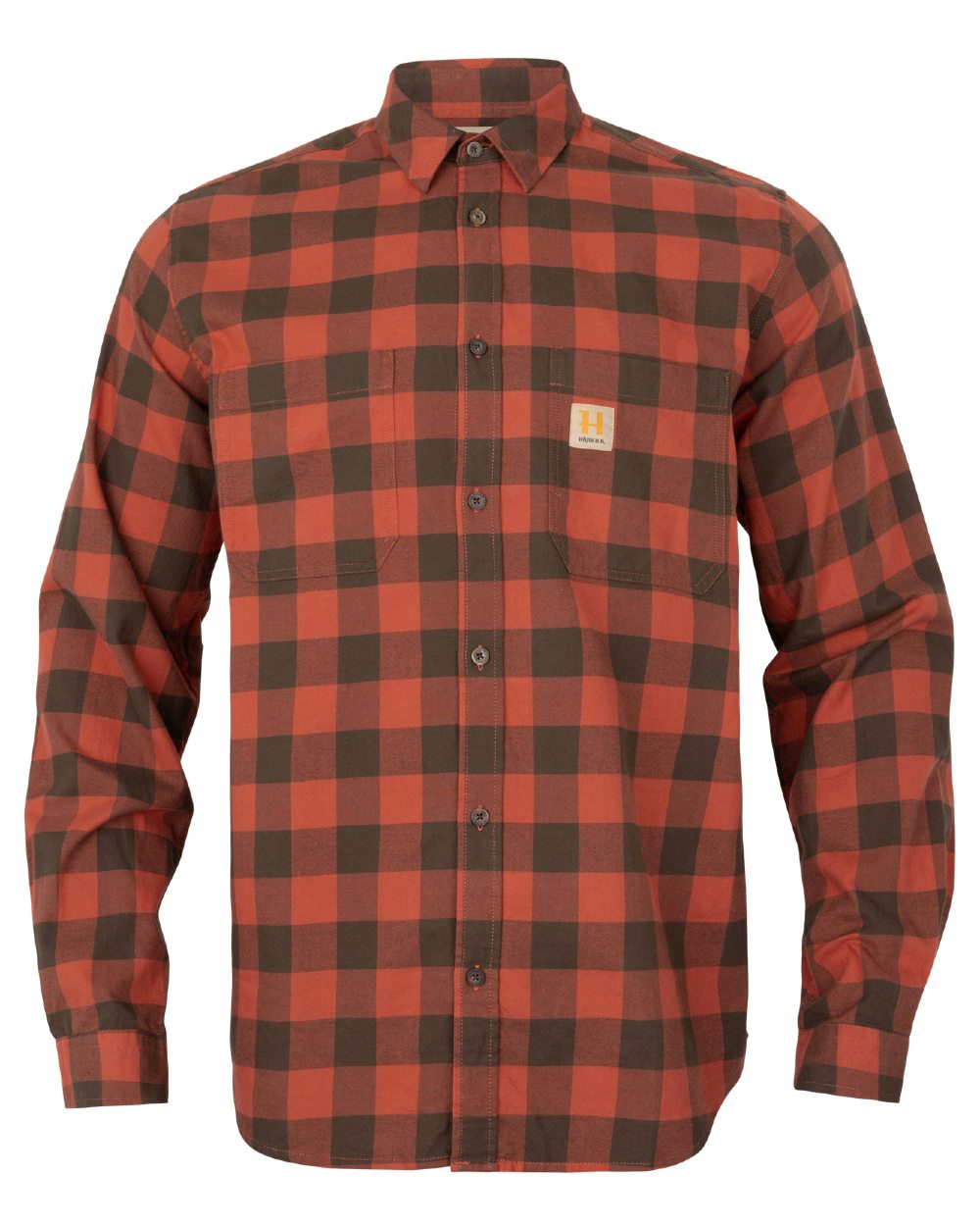 Autumn Orange Check coloured Harkila Scandinavian Long Sleeve Shirt on white background