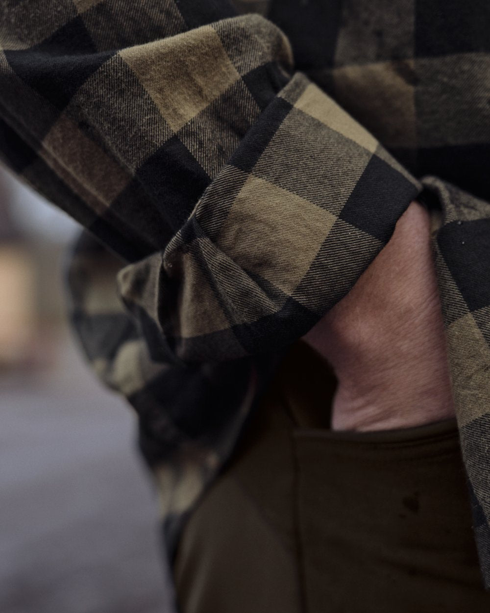 Tarmac Check coloured Harkila Scandinavian Long Sleeve Shirt on outdoor background