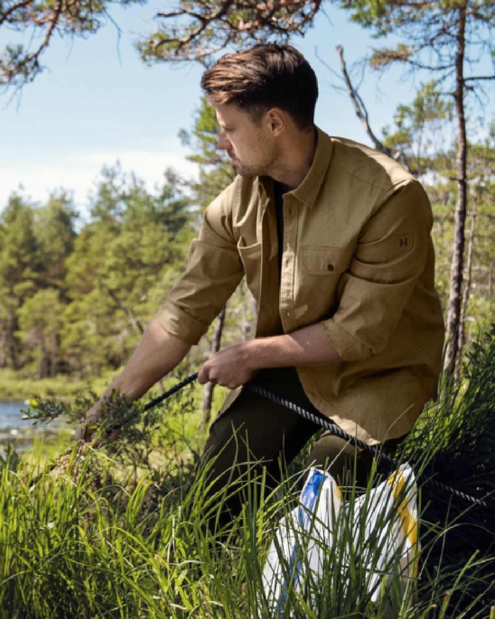 Antique Sand Coloured Harkila Trym Skjorte on forest background