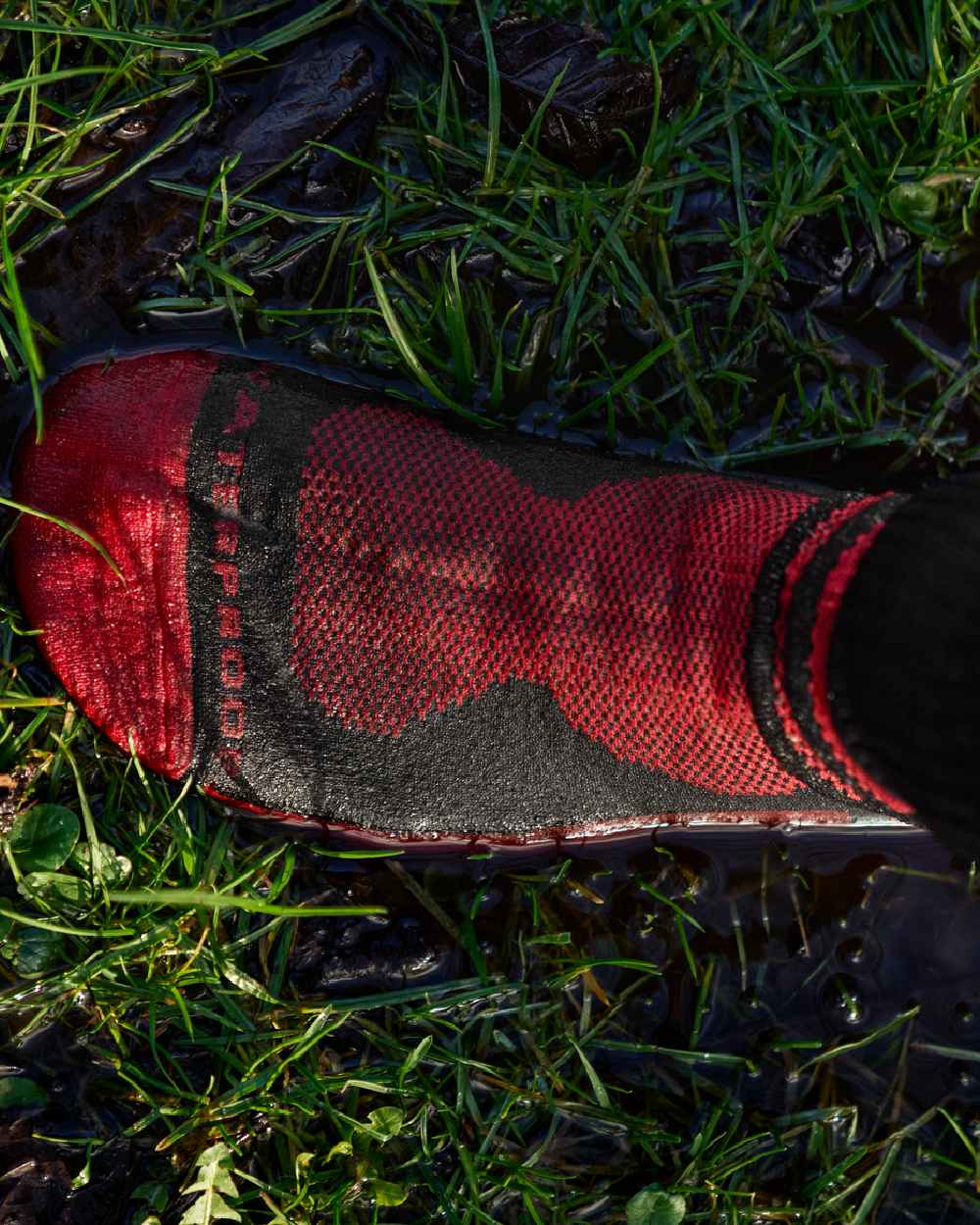 Red Black Coloured Harkila Waterproof Socks on outdoor background