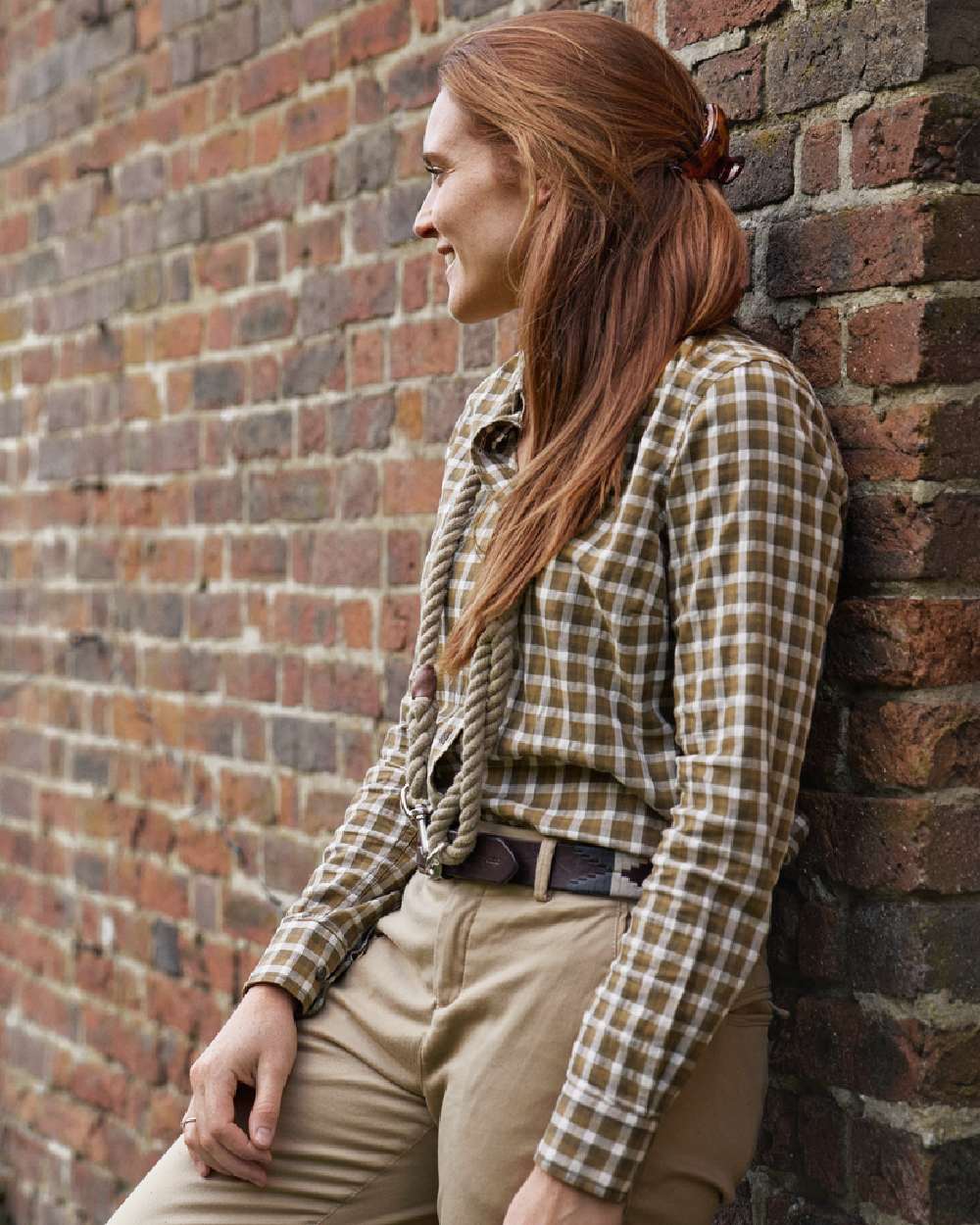 Dark Olive Check Coloured Harkila Womens Fjell Long Sleeve Shirt on wall background