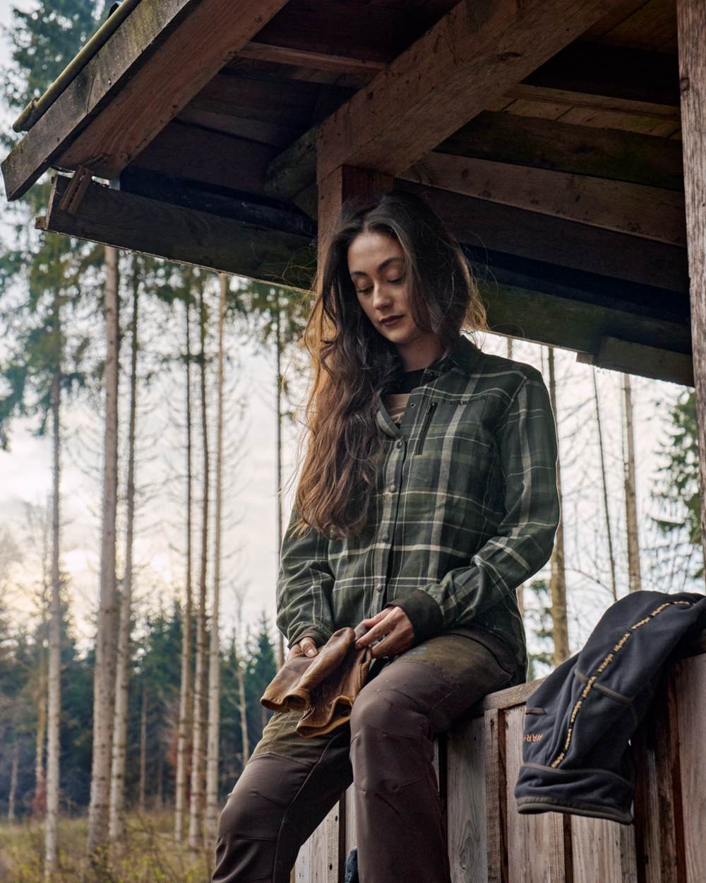 Olive Check Coloured Harkila Womens Pajala Long Sleeve Shirt on outdoor background
