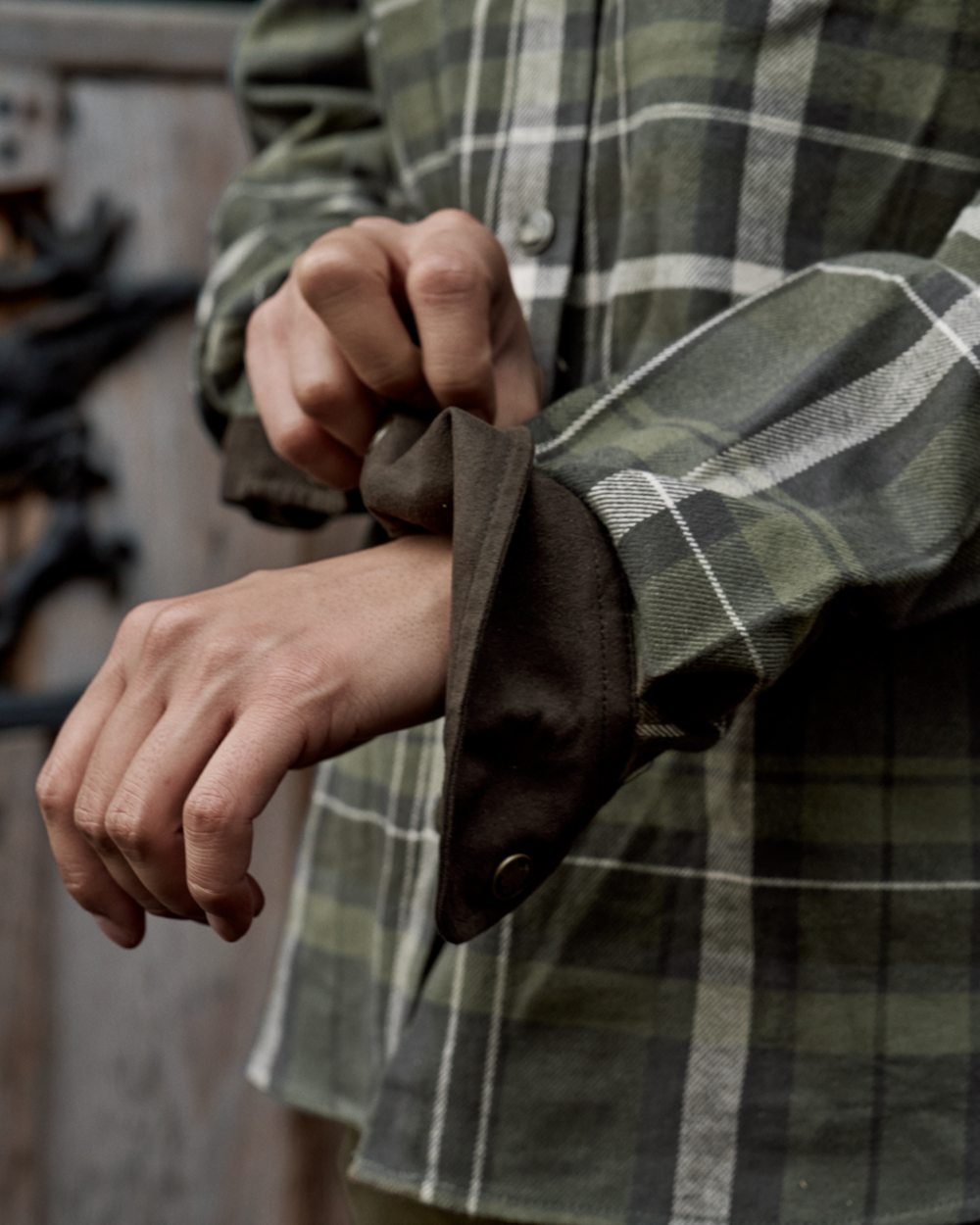 Olive Check Coloured Harkila Womens Pajala Long Sleeve Shirt on outdoor background